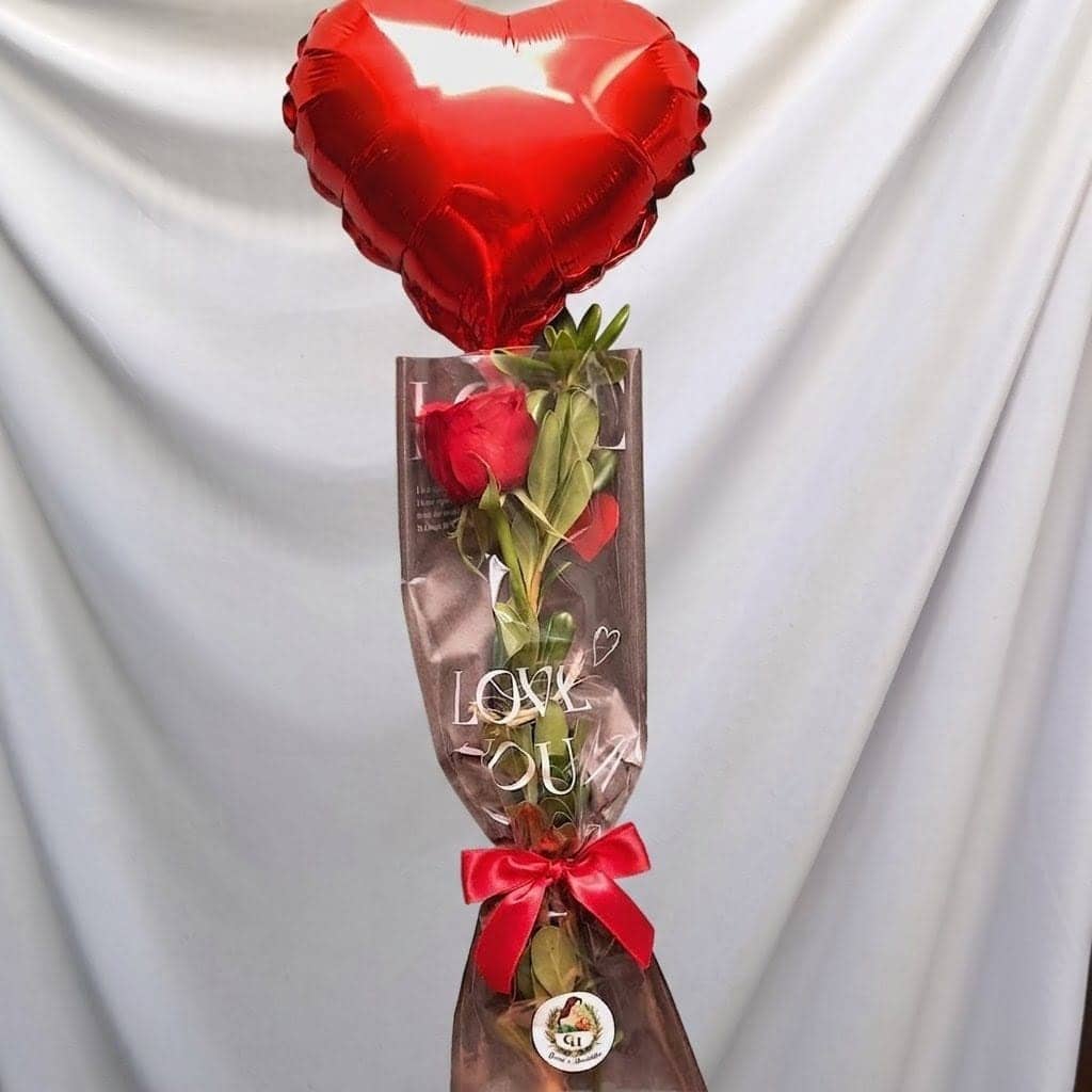 Rosa Solitária com Balão Coração