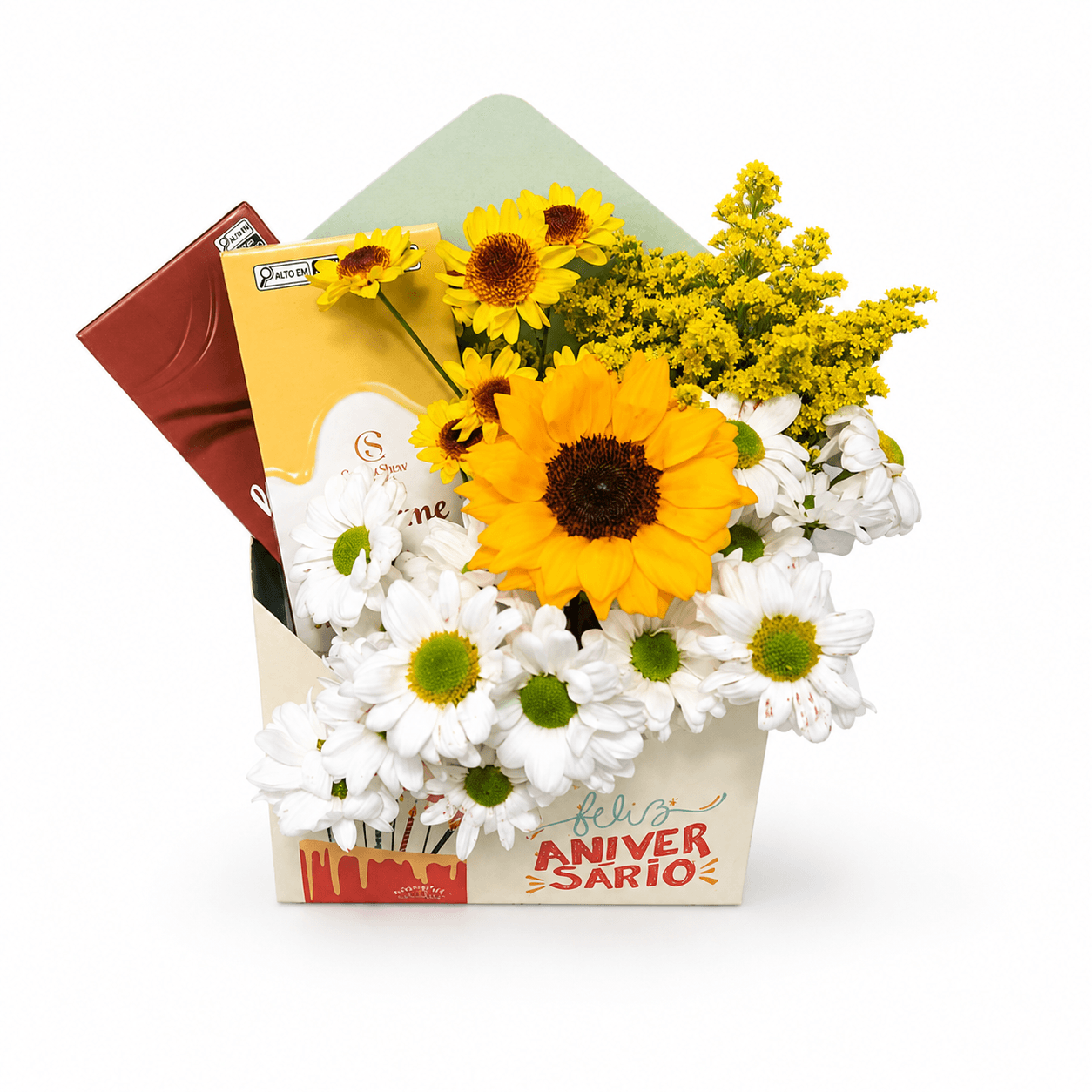 Caixa Envelope com Ferrero Rocher e Arranjo com Girassol