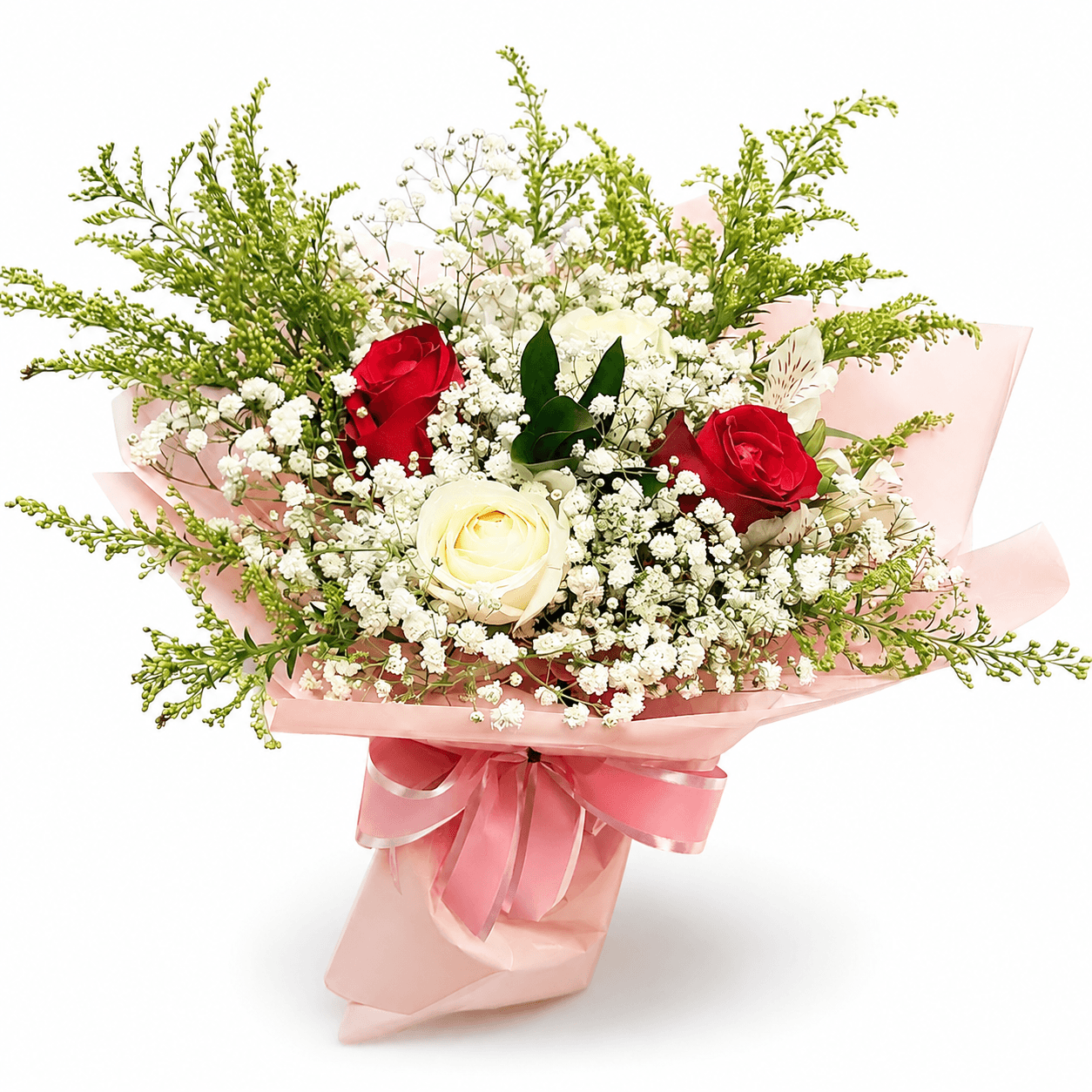 Buquê Encontro de Afeto – 4 Rosas Vermelhas e Brancas