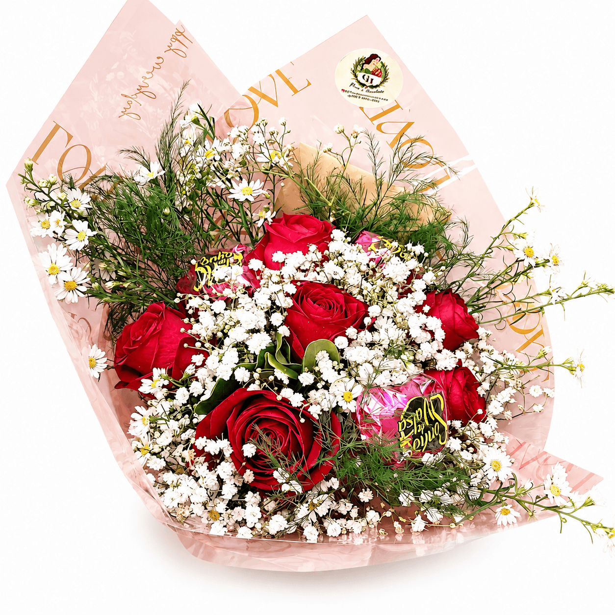 Buquê Doce Surpresa – 6 Rosas Vermelhas e 3 Bombons
