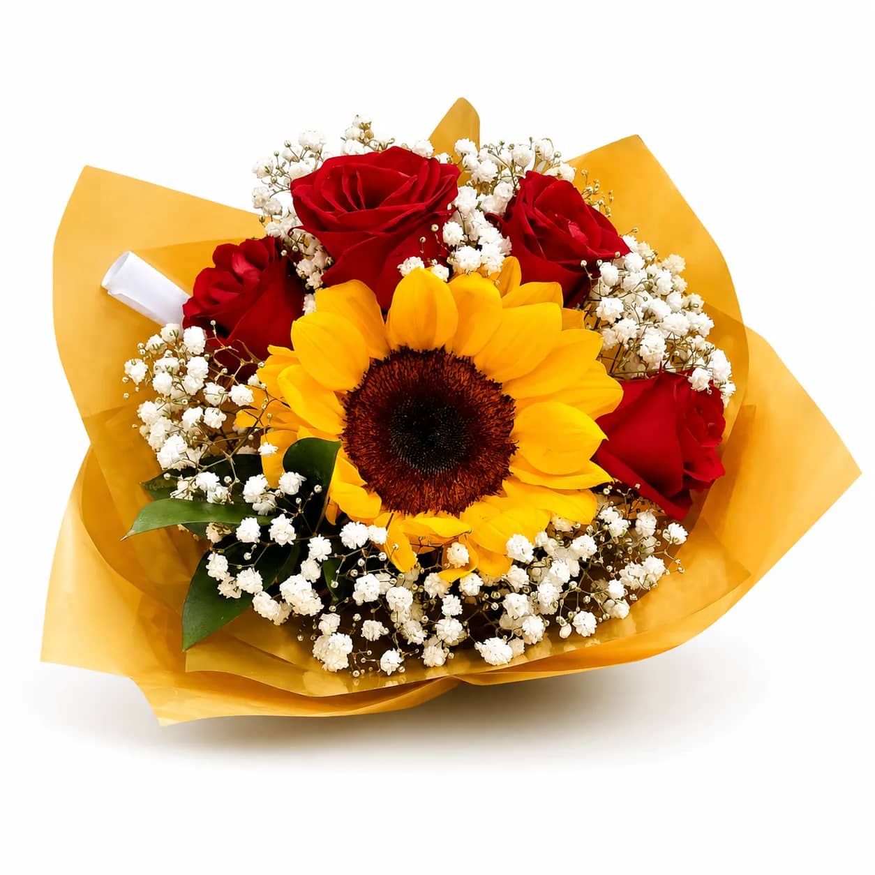 Buquê de 4 Rosas Vermelhas e Girassol