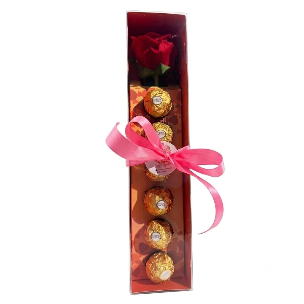 Rosa Solitária na Caixa com Ferrero Rocher
