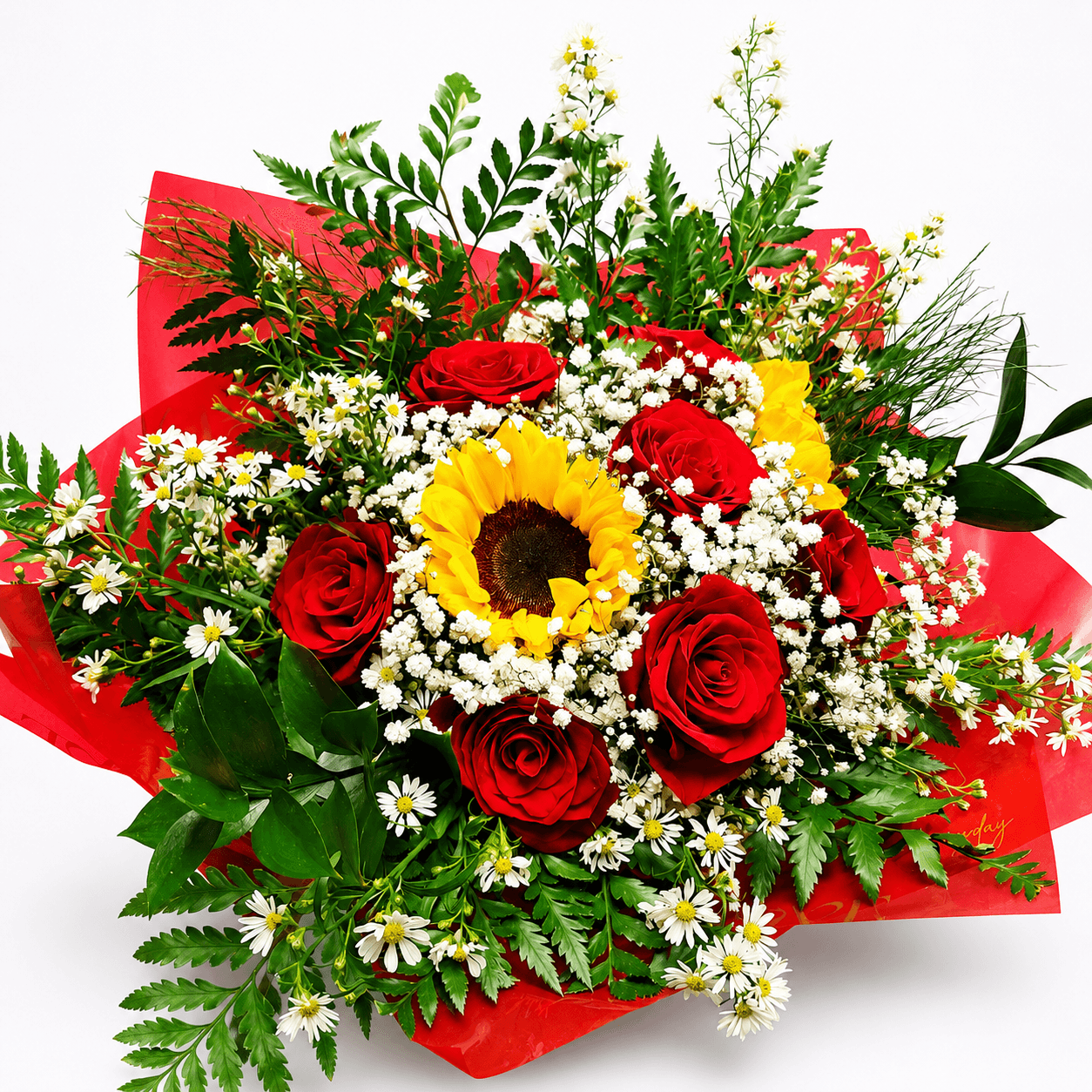 Buquê Premium Luz e Paixão – 7 Rosas Importadas e 2 Girassóis
