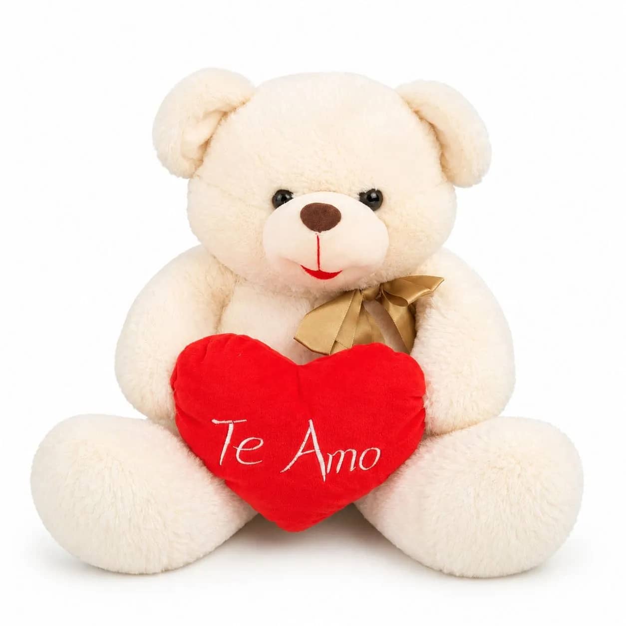Urso de Pelúcia Creme com Coração Te Amo e Laço Dourado (50cm)
