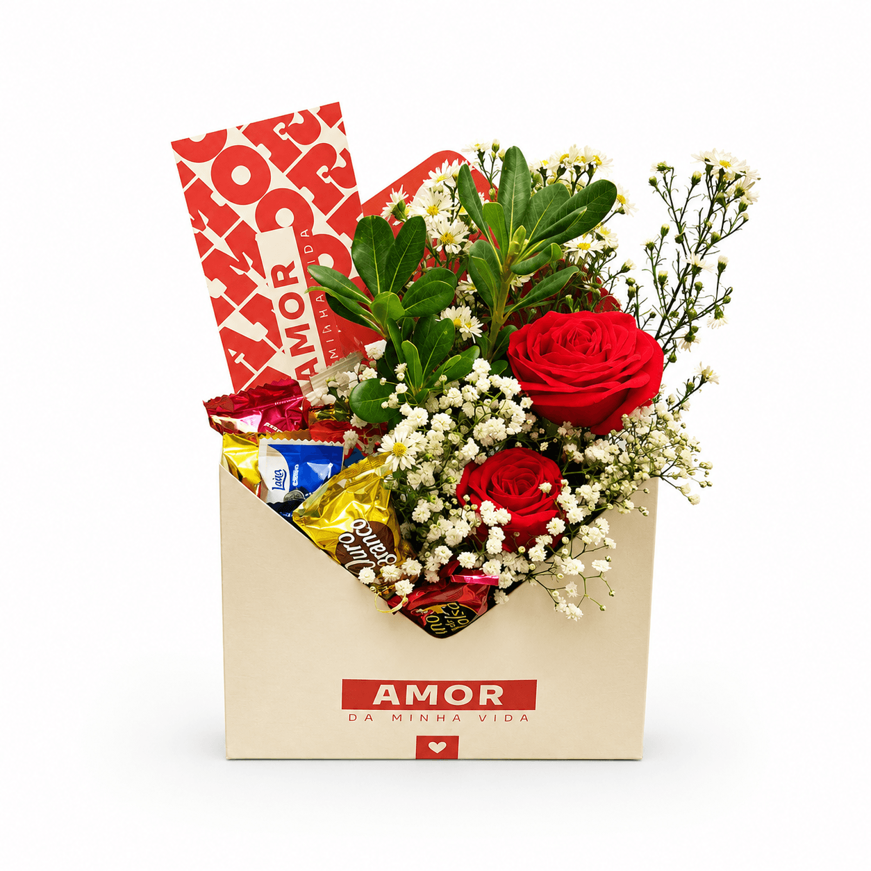 Caixa Envelope com Arranjo Floral Premium e Bombons