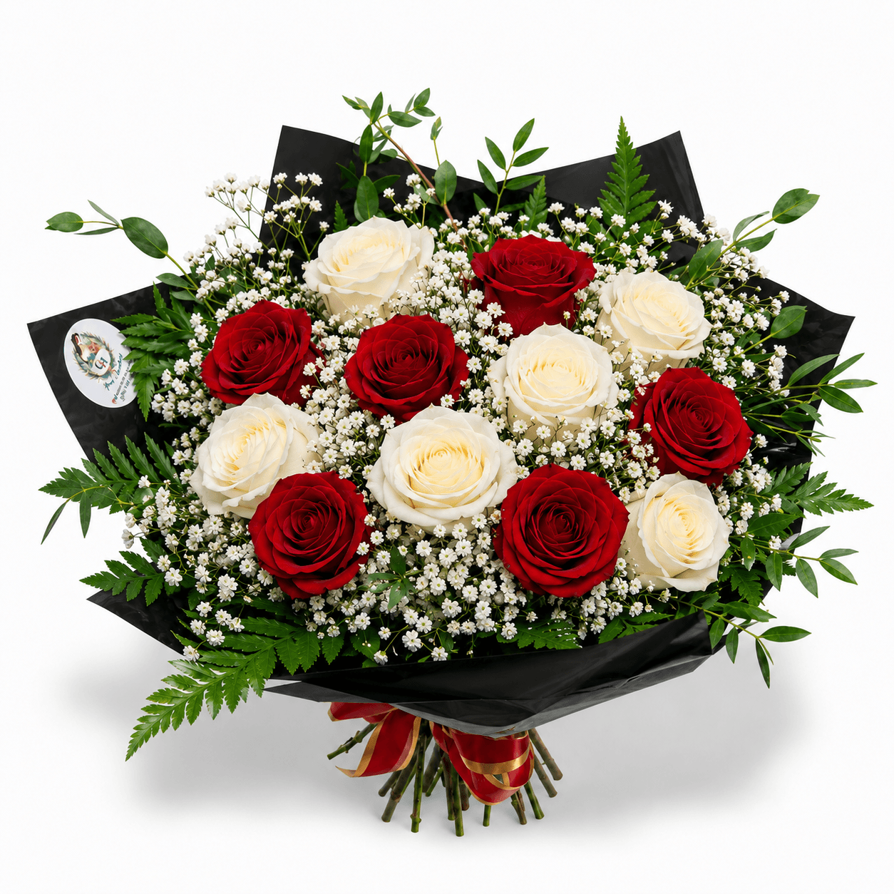 Buquê União Perfeita – 12 Rosas Vermelhas e Brancas