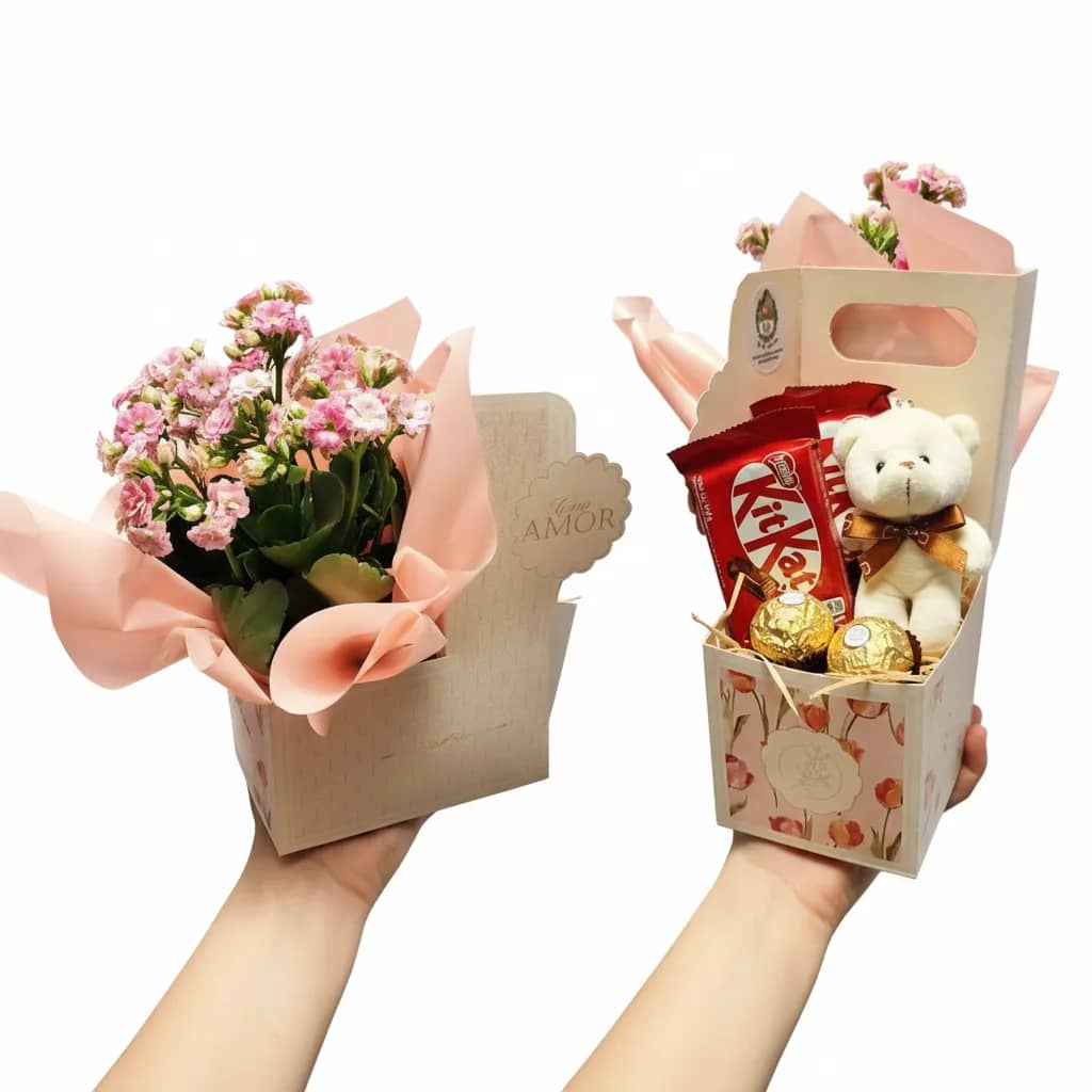 Cestinha Com Amor Com Kalanchoe, Kit Kat, Ursinho e Ferrero Rocher